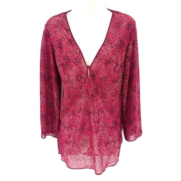 VINTAGE VICTORIA'S SECRET SHEER RED PRINT LONG SLEEVE NIGHTIE - XS! - Picture 1 of 4